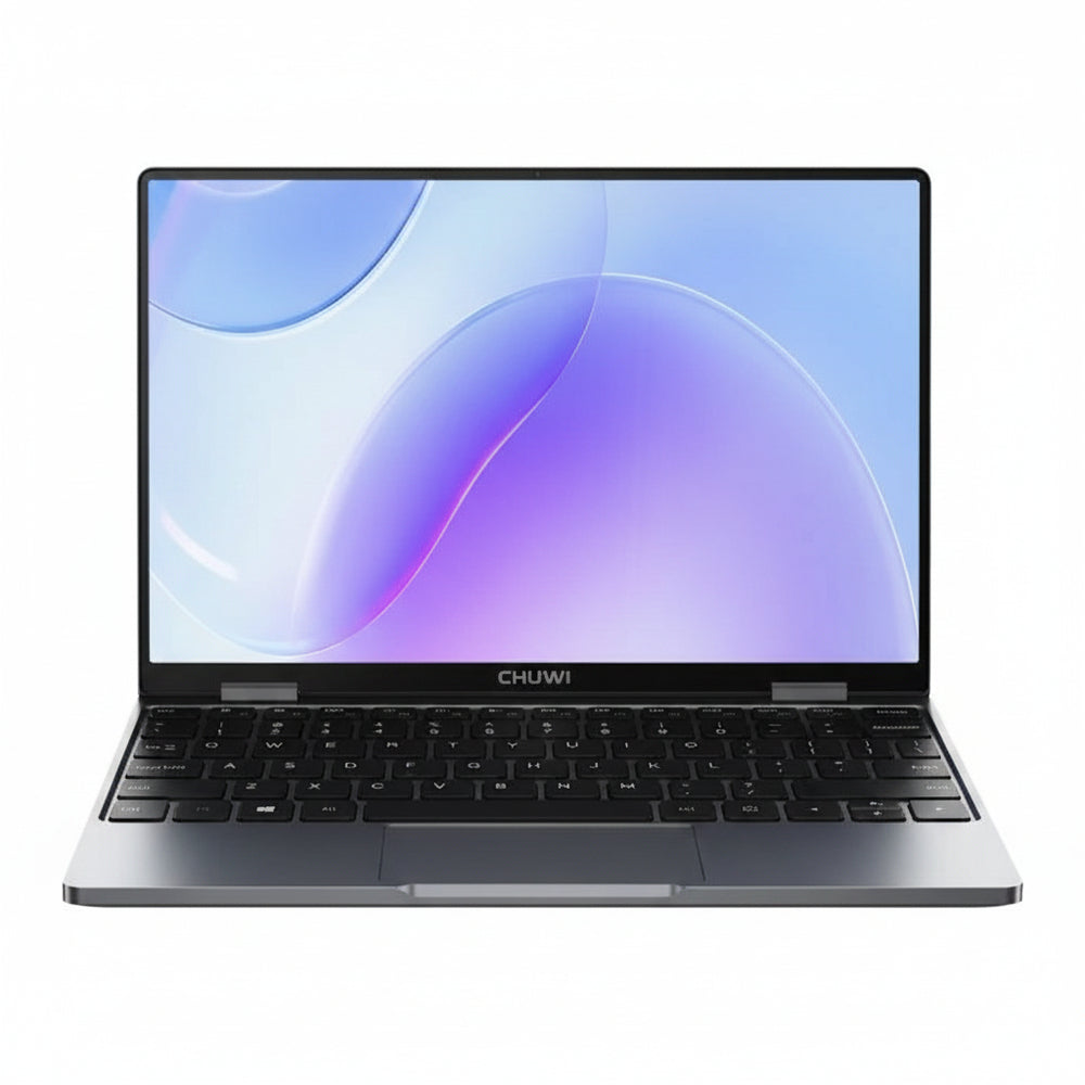 A silver and black Huawei laptop shown open at an angle against a plain white background, with the screen displaying a blue and purple abstract wallpaper.